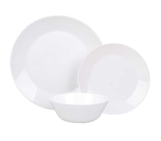 JUEGO DE VAJILLA 18 PIEZAS C/ PLATOS REDONDOS KUPS DE VIDRIO OPAL BLANCO