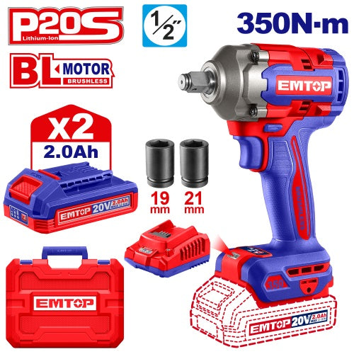 Llave de Impacto 1/2" BL 350Nm 2x Bat 20V 2Ah + Acc. (M) EMTOP