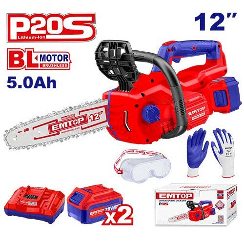 Motosierra inalámbrica 12" + Acc. + 2x Bat. 20V. 5Ah Emtop
