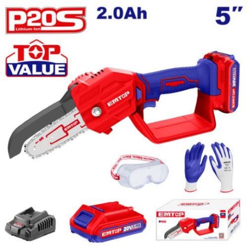 Mini motosierra 5" + Acc. + Batería 20V. 2Ah. Emtop