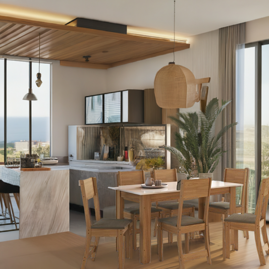 JUEGO DE COMEDOR ABBA 1500 6 SILLAS ATLANTA INDEKES FREIJO | OFF WHITE | TELA CACAO