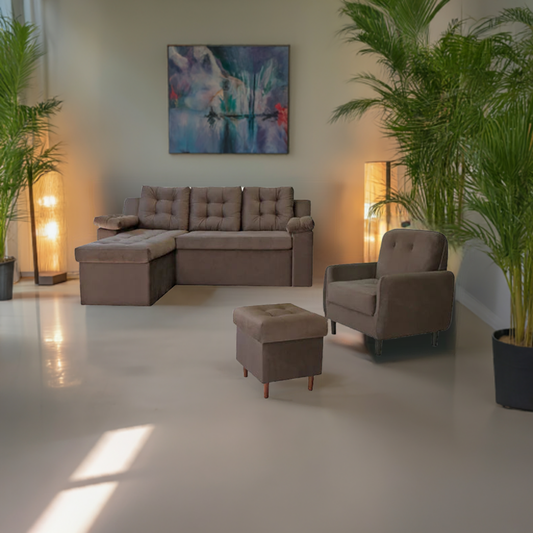 JUEGO DE LIVING ABBA RAVENA MARRON OSCURO + POLTRONA + PUFF