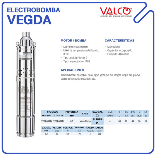 ELECTRO BOMBA VALCO SUMERGIBLE 4" 1/2HP 220V C/CAP