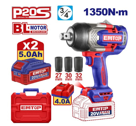 Llave de Impacto 3/4" BL 1350Nm 2x Bat 20V 5Ah + Acc. (M) EMTOP*