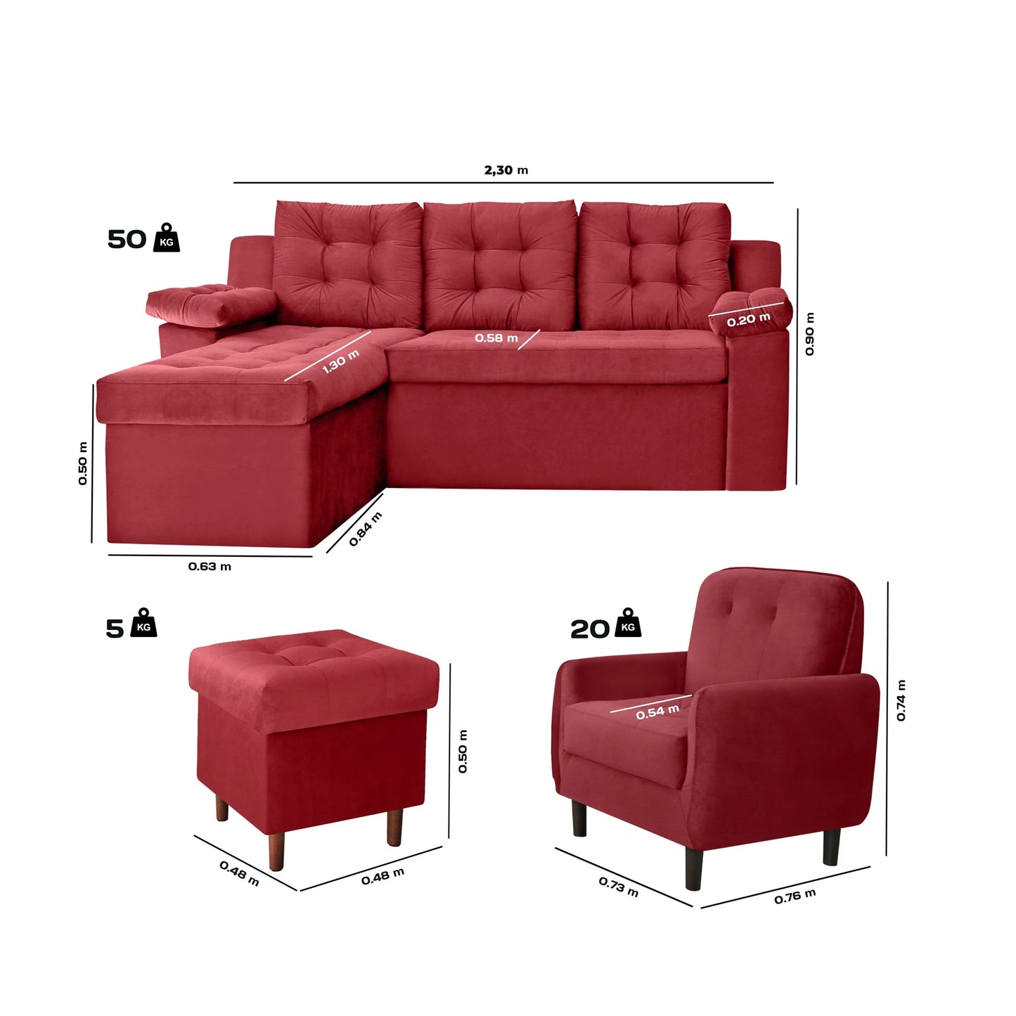 JUEGO DE LIVING ABBA RAVENA BORDO SOFA+POLTRONA+PUFF