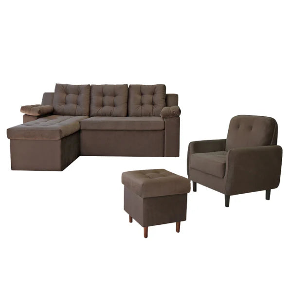 JUEGO DE LIVING ABBA RAVENA MARRON OSCURO + POLTRONA + PUFF