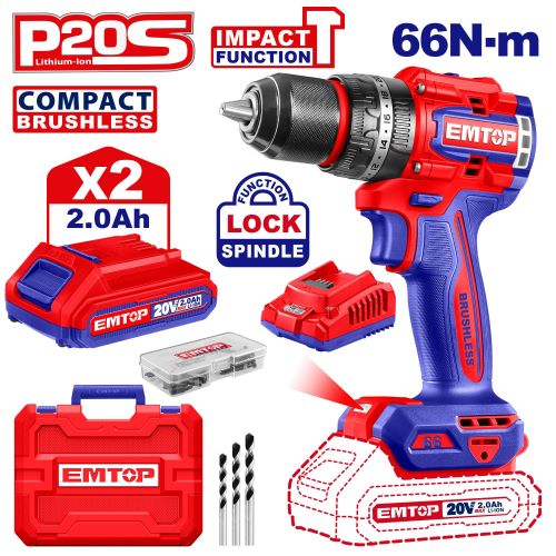 Taladro Percutor 13mm BL. 66Nm 2x Bat. 20V 2Ah (Compact) (M) Emtop