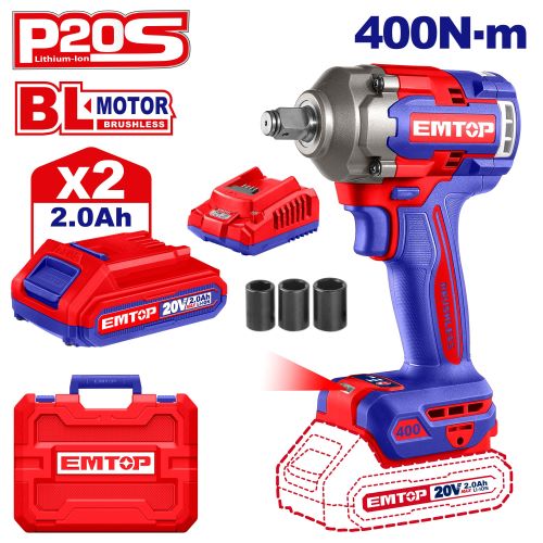 Llave de Impacto 1/2" BL 400Nm 2x Bat 20V 2Ah + Acc. (M) EMTOP