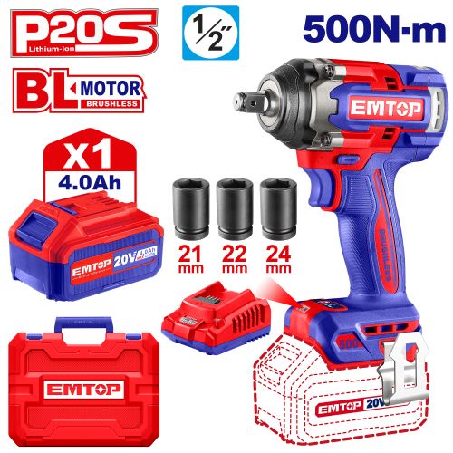 Llave de Impacto 1/2" BL 500Nm 1x Bat 20V 4Ah + Acc. (M) EMTOP