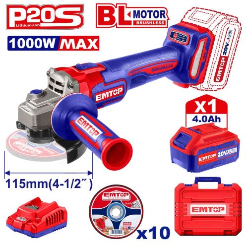 Amoladora 115mm BL (3000-9000Rpm) 1000W + Acc. 1x Bateria 20V 4Ah. (M) EMTOP