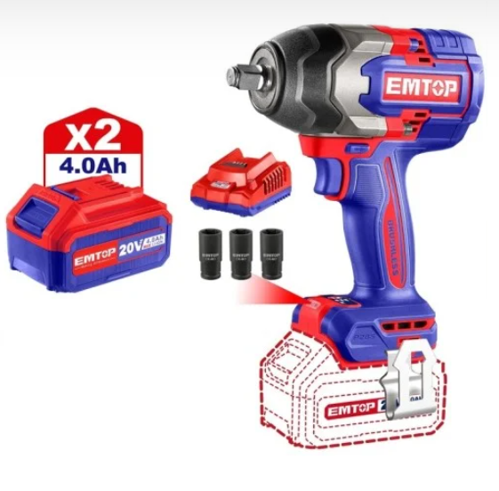 Llave de impacto 1/2" BL 850Nm 2x  Bat 20V 4Ah + Acc. (M) EMTOP