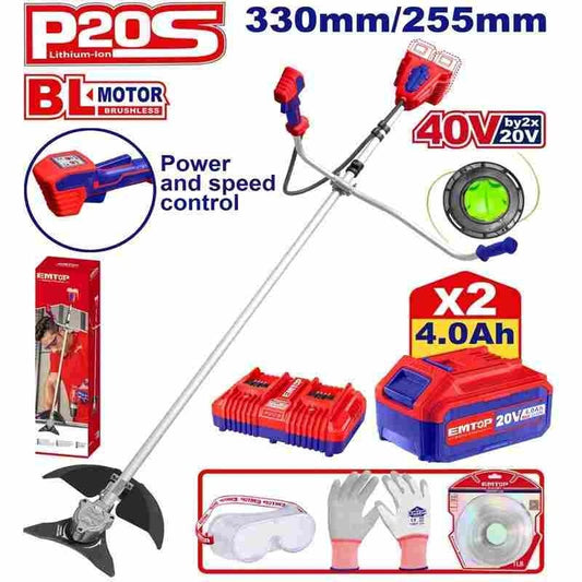 Desmalezadora 40V(20V+20V) BL. 2x Bat 20V 4Ah. + Acc. Emtop*