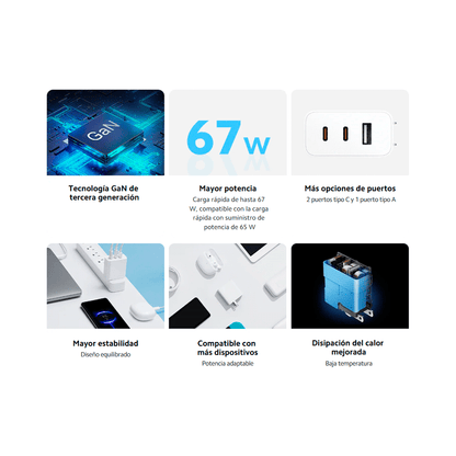 CARGADOR P/ PARED 67W XIAOMI GAN CHARGER USB-A/USB-C C/CABLE BHR7492US