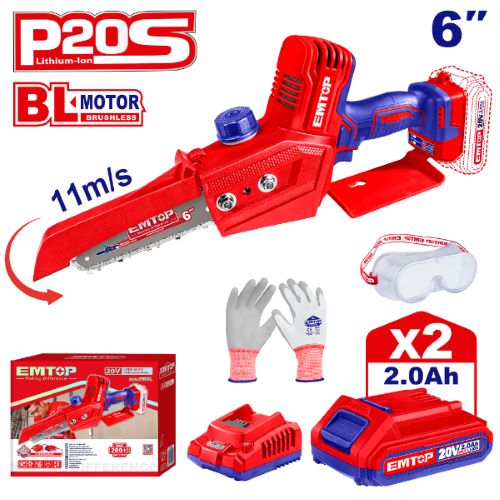 Mini motosierra 6" (Autolub) BL + Acc. 2x Bat 20V 2Ah. EMTOP
