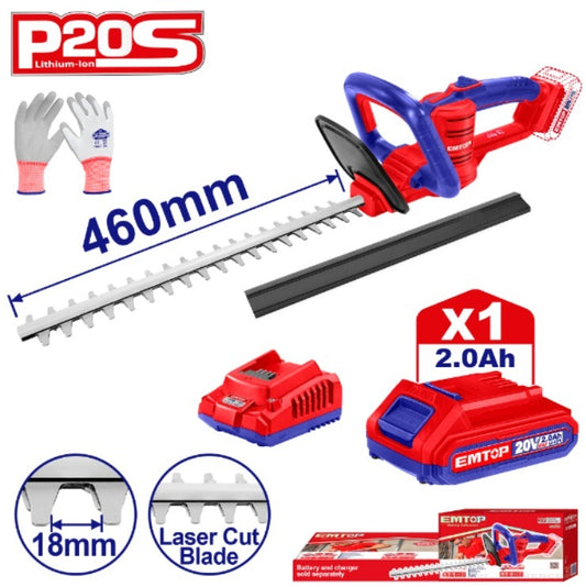 Corta setos inalámbrico 46cm + Acc. + 1x Batería 20V 2.0Ah. Emtop