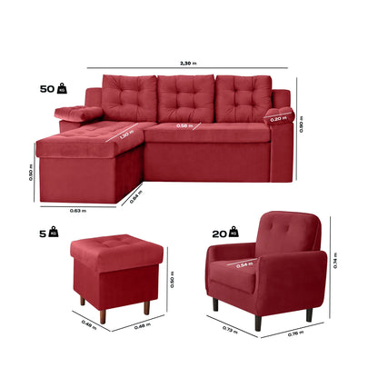 JUEGO DE LIVING ABBA RAVENA BORDO SOFA+POLTRONA+PUFF